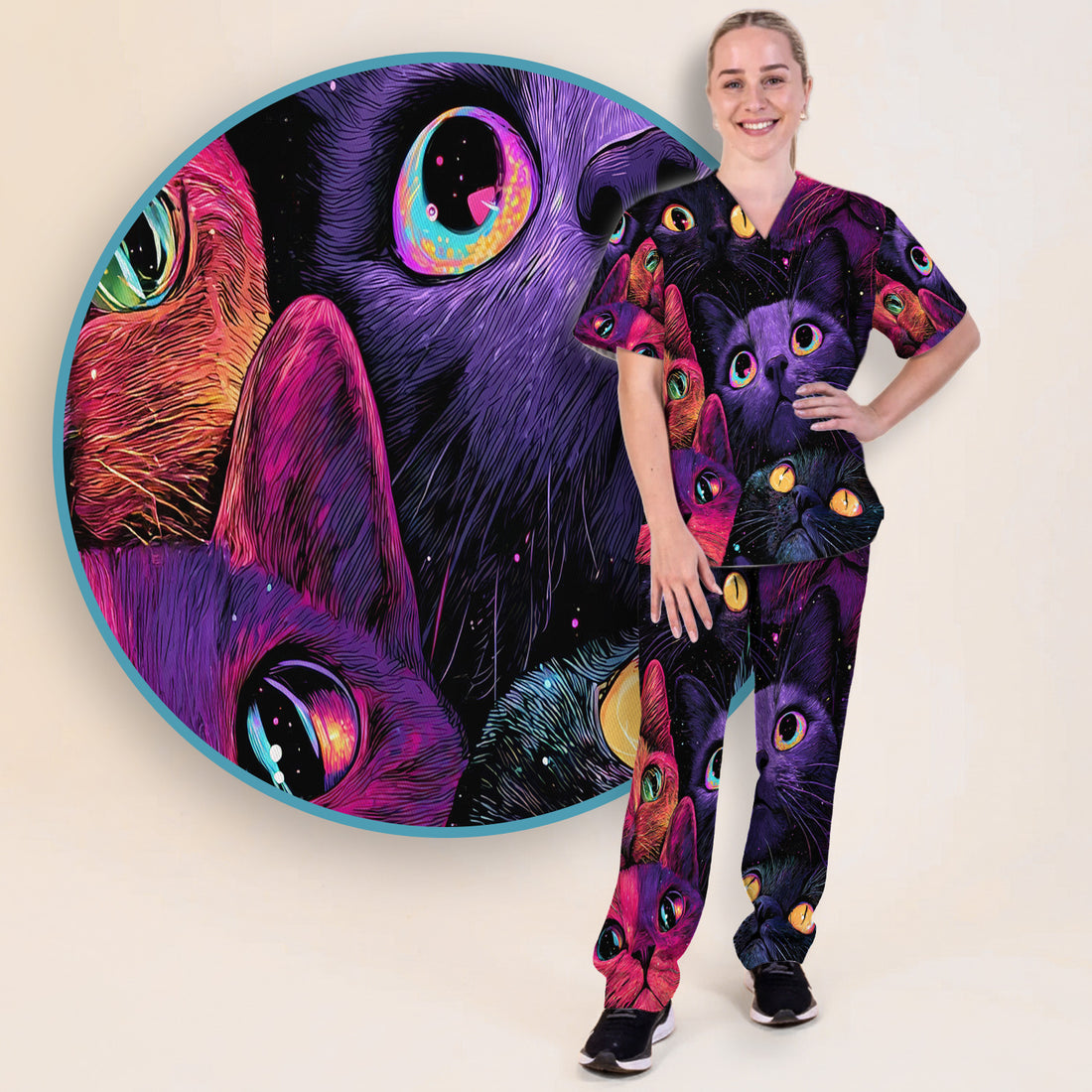 Colorful Neon Cat Faces Scrub Set, Scrub Pants and V Neck Top