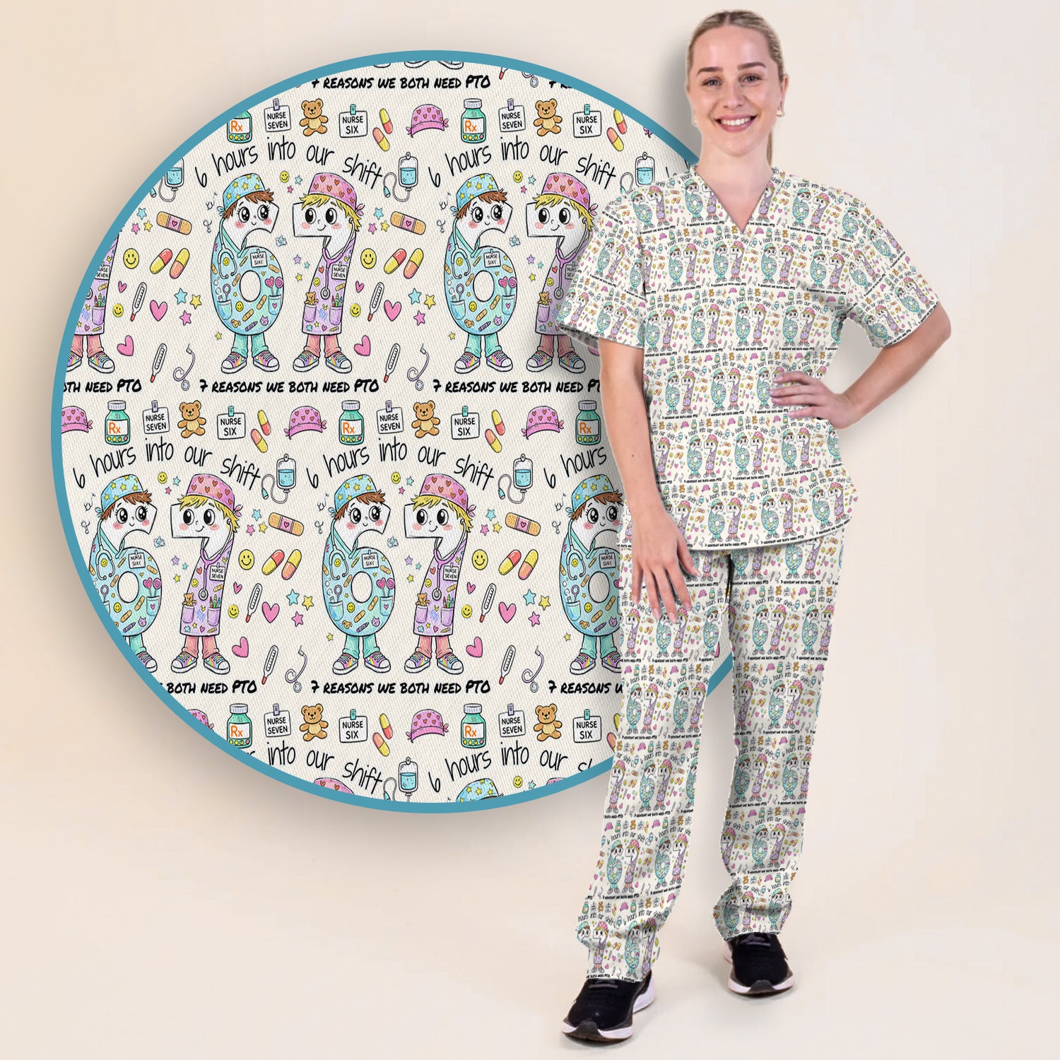 Cartoon Characters Six Hours Into Shift With Medical Doodle Scrub Set, Breathable Med Uniform