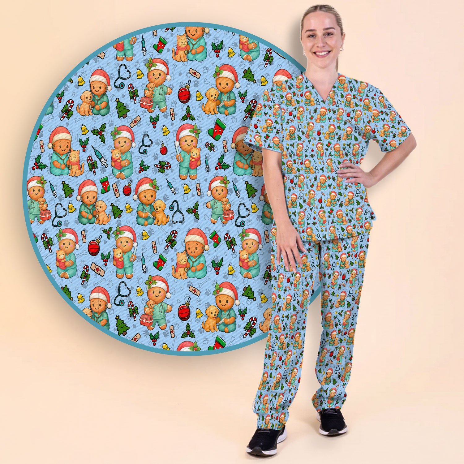 Cute Pharmacy Christmas Scrub Set – Funny Gingerbread Nurse Print Shirt – Festive Holiday Medical Uniform for Pharmacy Tech and Doctor