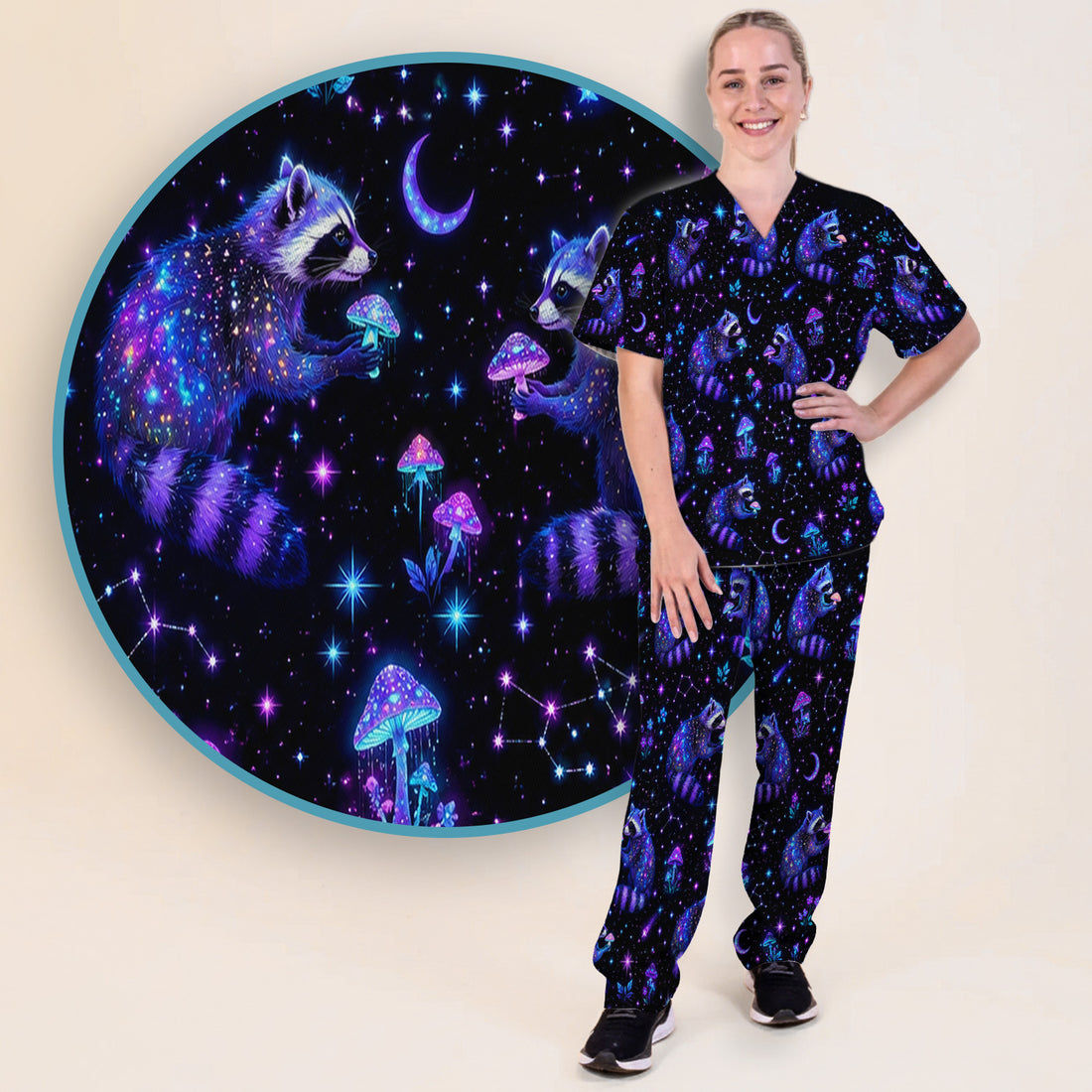 Galaxy Raccoon With Mushroom Night Scrub Set, Scrub Pants and V Neck Top