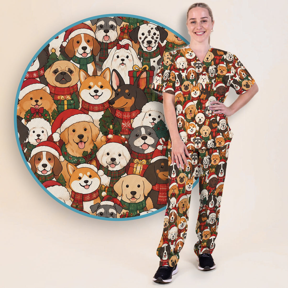 Christmas Dog Breeds Collage Pattern Scrub Set, Scrub Pants and V Neck Top