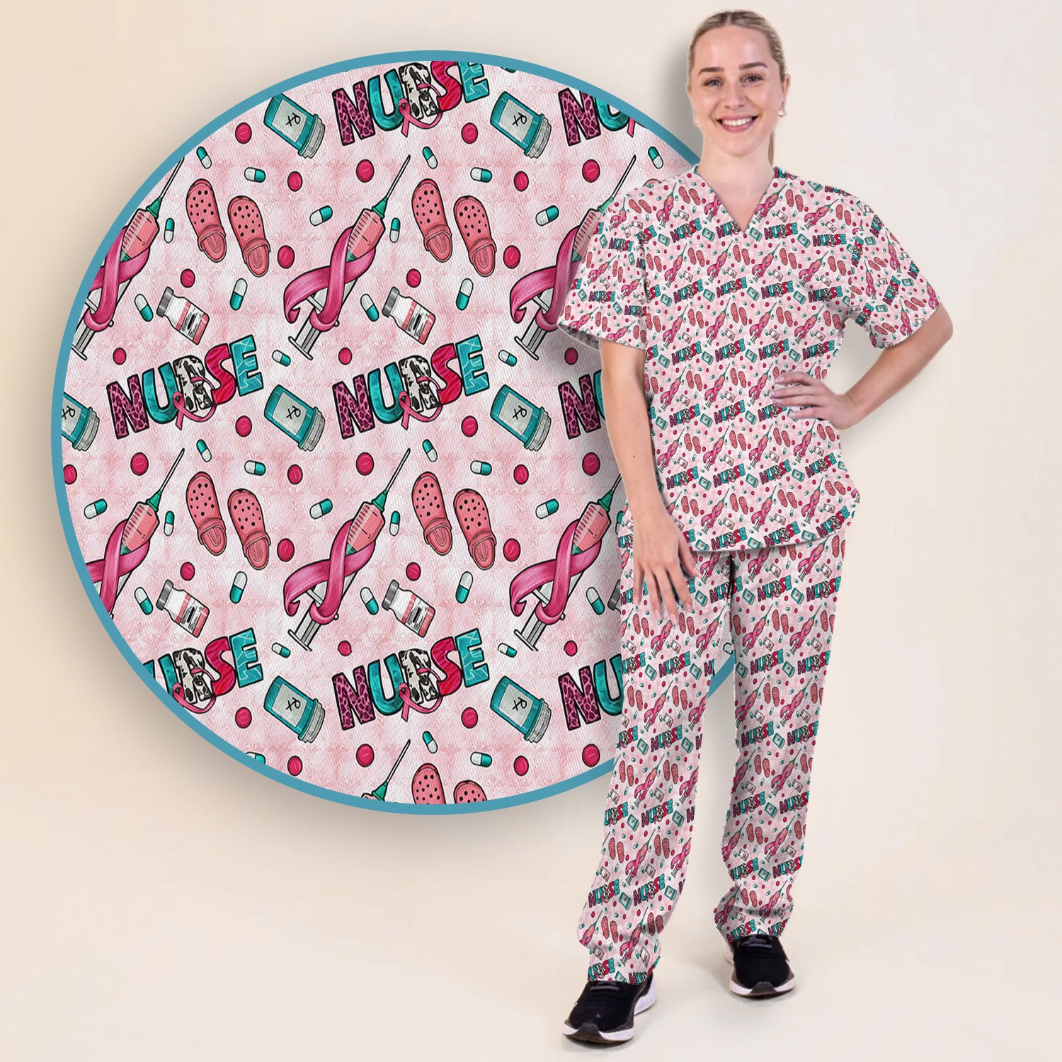 Pink Ribbon with Recovery Print Scrub Set, Scrub Pants and V Neck Top