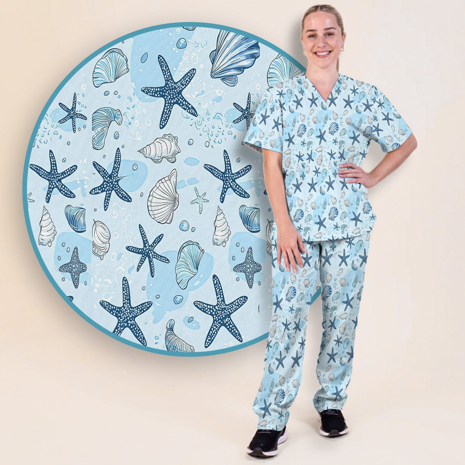 Ocean Shell And Starfish Print Scrub Set, Women's Scrub Sets