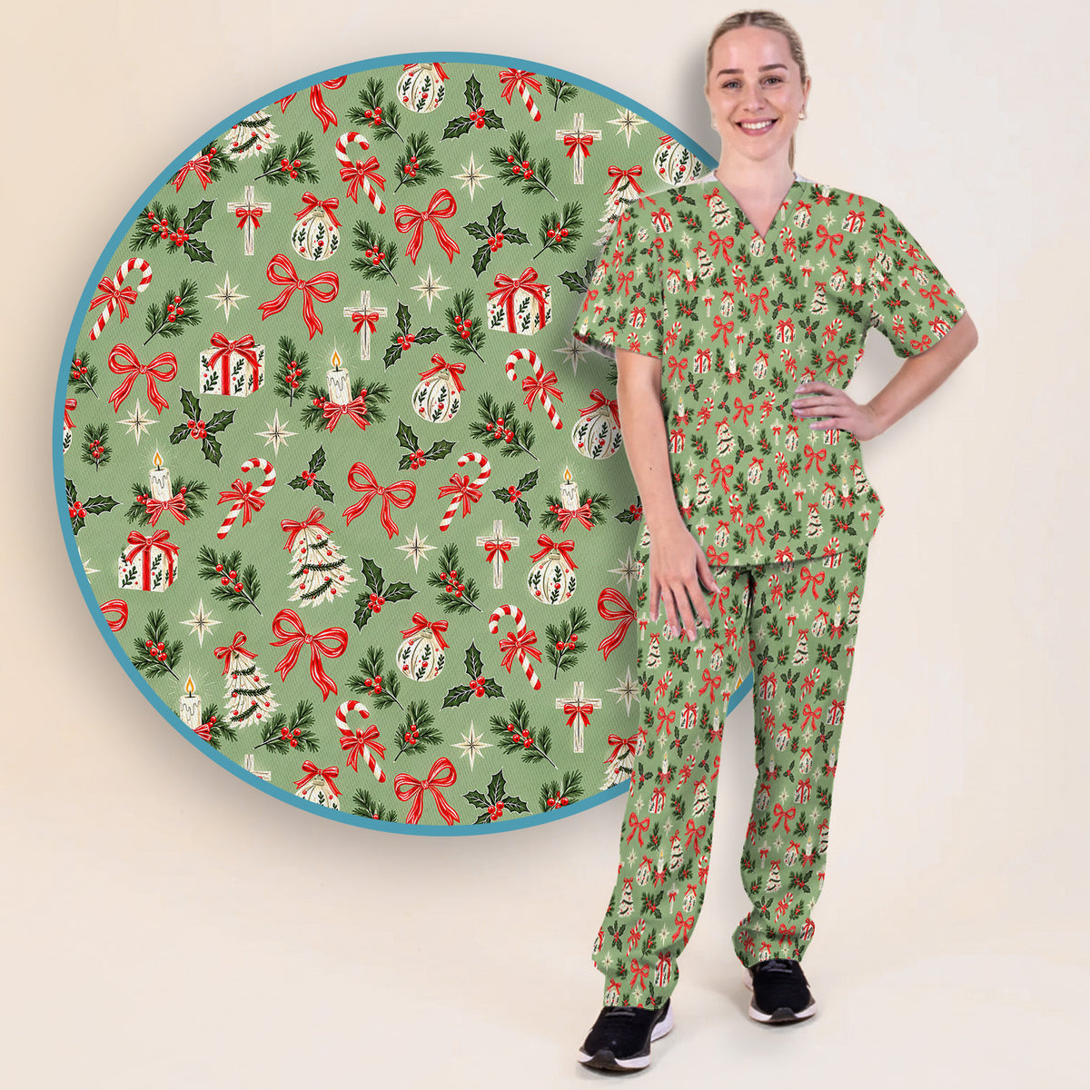 Christian Christmas Bows And Holly Scrub Set, Scrub Pants and V Neck Top