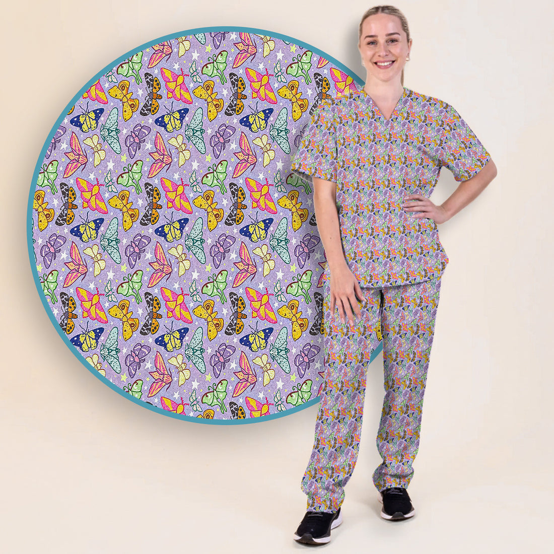 Colorful Butterfly Pattern Scrub Set, Women's Scrub Sets