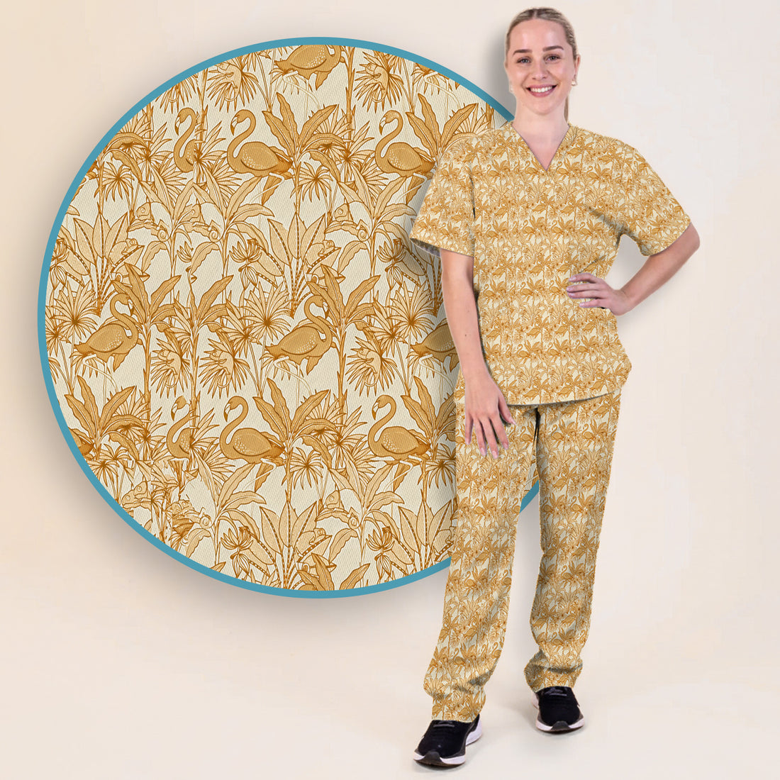 Tropical Flamingo Palm Leaves Pattern Scrub Top, Breathable Fabrics Nursing Uniform
