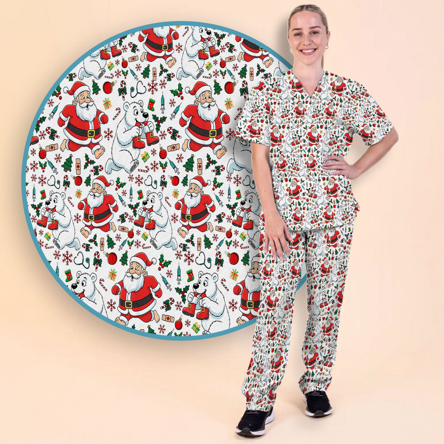 Christmas Santa & Polar Bear Scrub Set - Funny Holiday Nursing Pants and V Neck Top - Cute Winter Medical Uniform