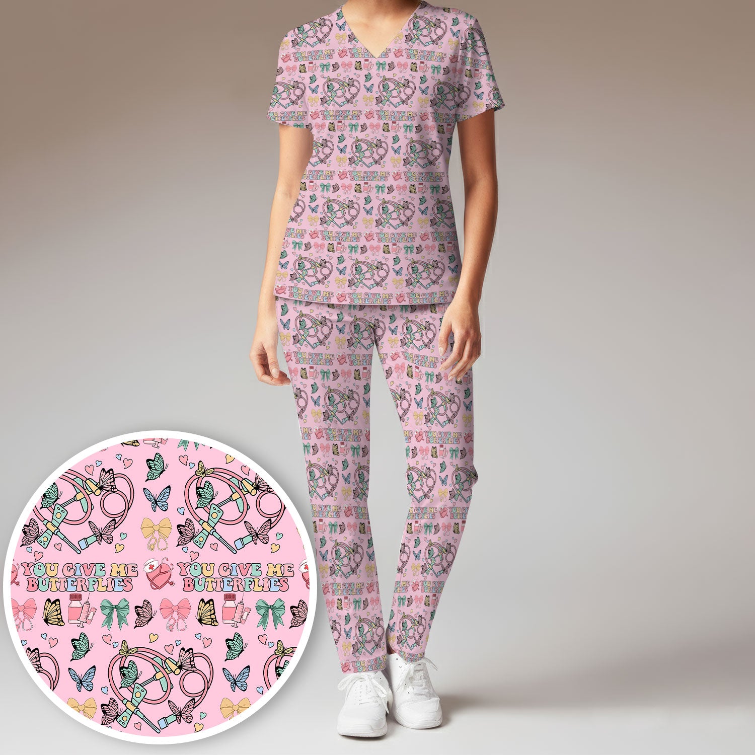 Butterfly Heart Valentine Medical Pattern Scrub, Women's Scrub Sets
