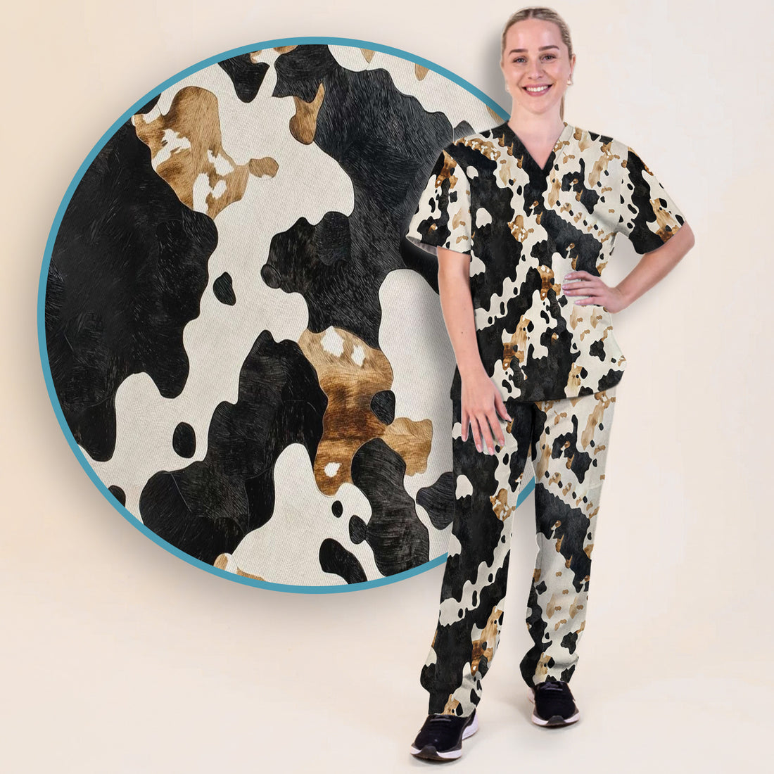 Classic Cow Print Pattern Scrub Set, Women's Scrub Sets