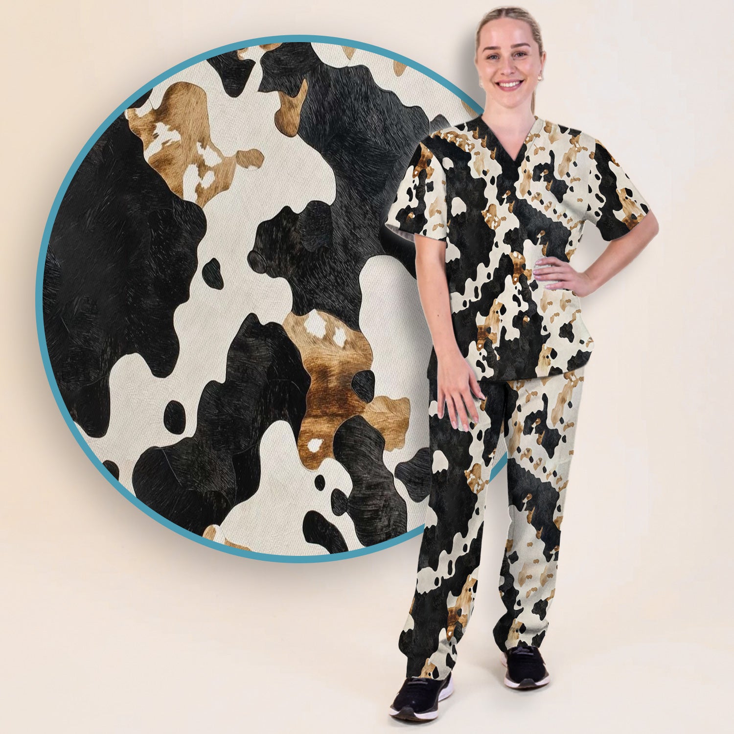 Classic Cow Print Pattern Scrub Set, Women's Scrub Sets