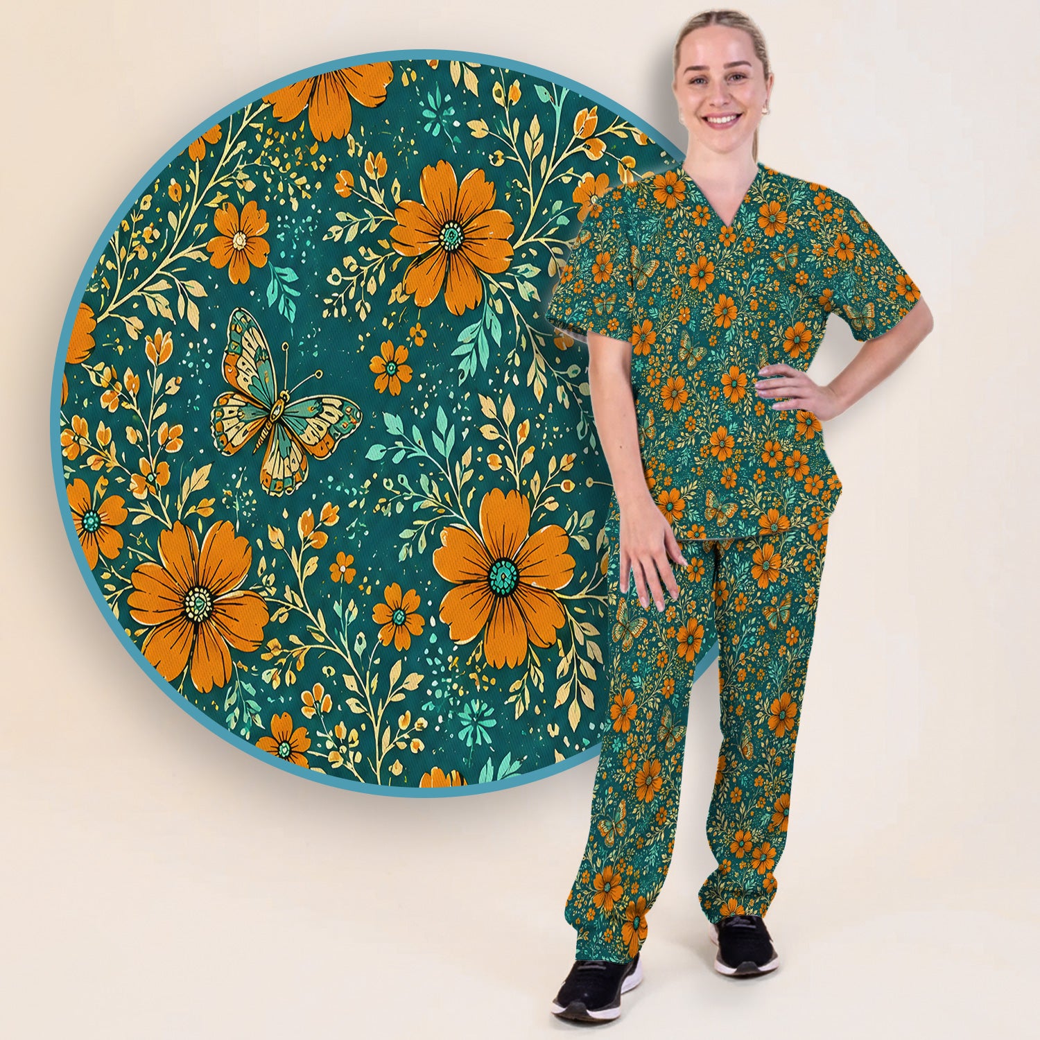 Orange Floral Butterfly Vine Pattern Scrub Set, Scrub Pants and V Neck Top