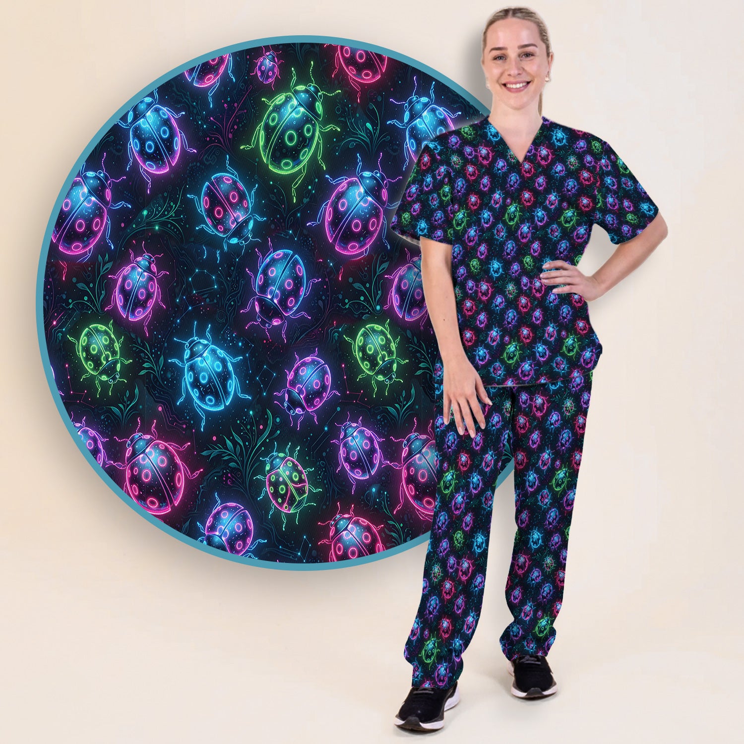Colorful Neon Ladybug Pattern Scrub Set, Scrub Pants and V Neck Top