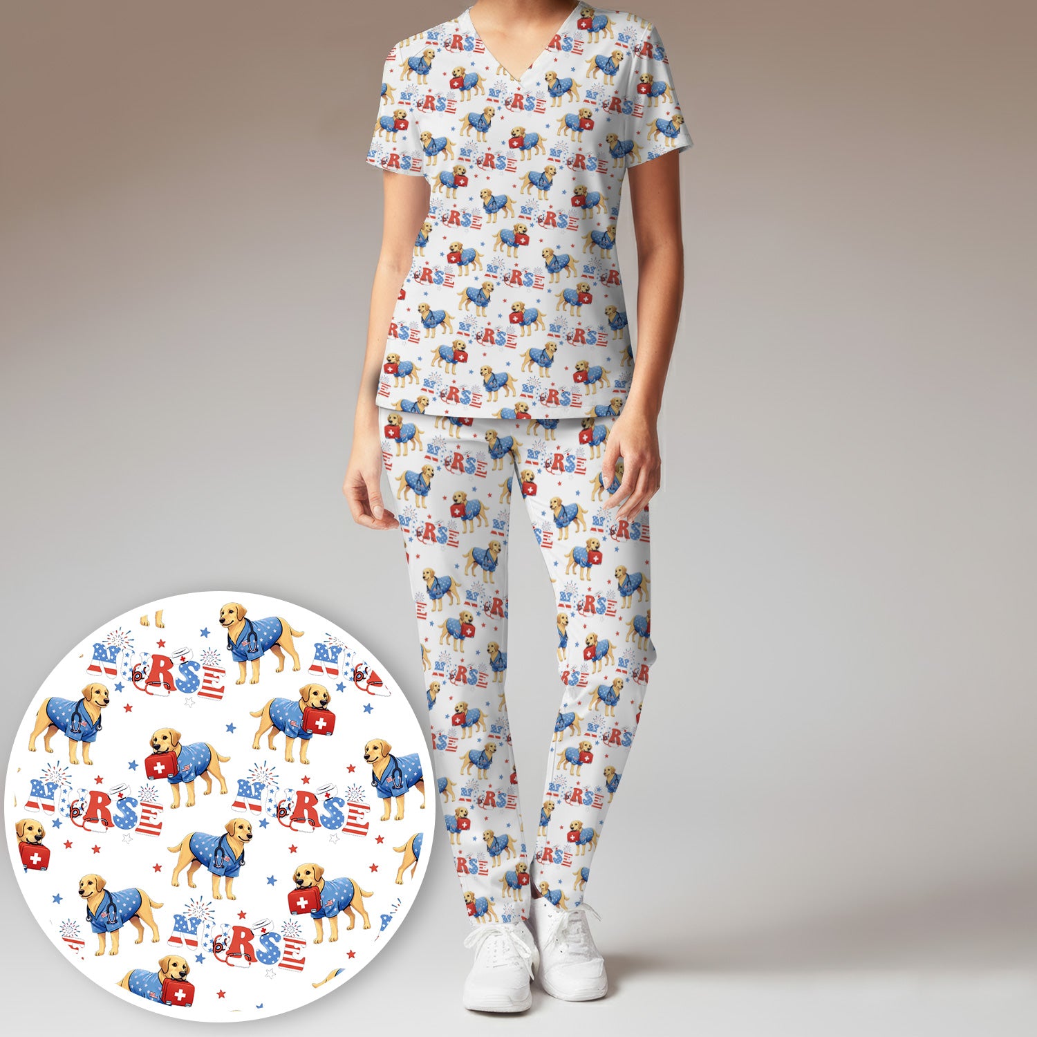Patriotic Nurse Dog Medical Pattern Pattern Scrub Set, Women's Scrub Sets