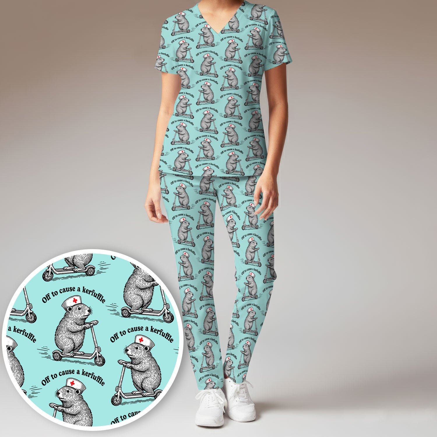 Funny Nurse Mouse Scooter Print Women's Scrub Set, Scrub Pants and V Neck Top