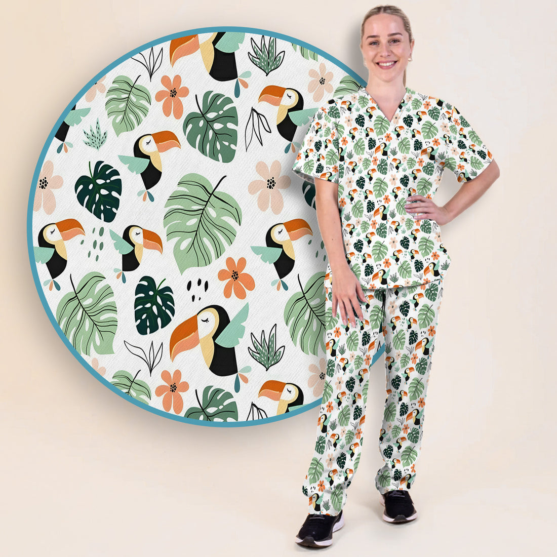 Tropical Toucan Leaf Floral Pattern Scrub Set, Scrub Pants and V Neck Top