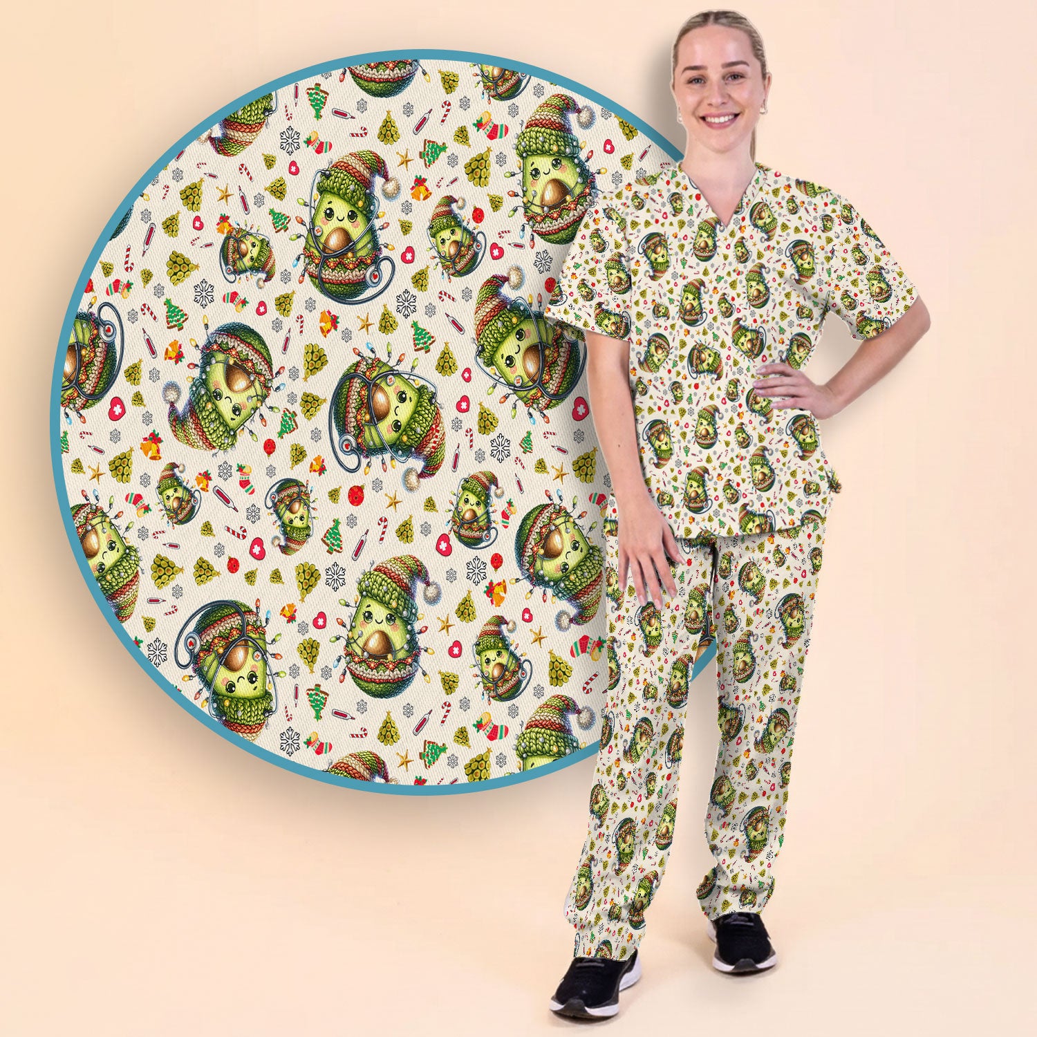 Avocado Scrub Set for Nurse - Funny Christmas Nursing Pants and V Neck Top - Cute Holiday Medical Uniform