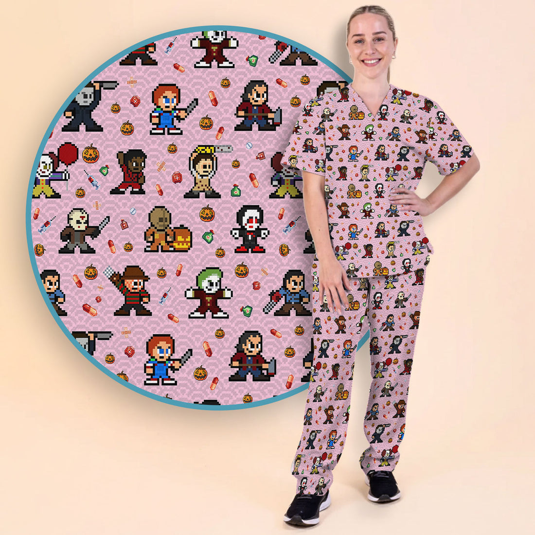 Halloween Women's Scrub Sets - Comfortable Scrubs for Nurses - Scary Character Scrub Pants and V Neck Top - Med Uniform for Her