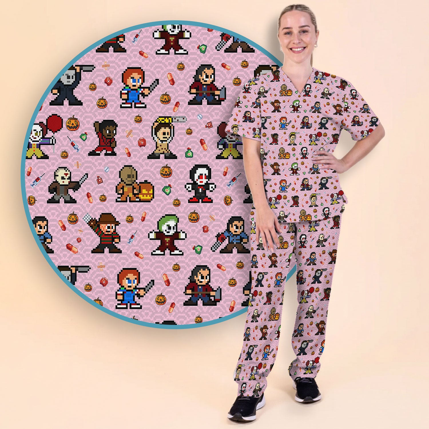 Halloween Women's Scrub Sets - Comfortable Scrubs for Nurses - Scary Character Scrub Pants and V Neck Top - Med Uniform for Her