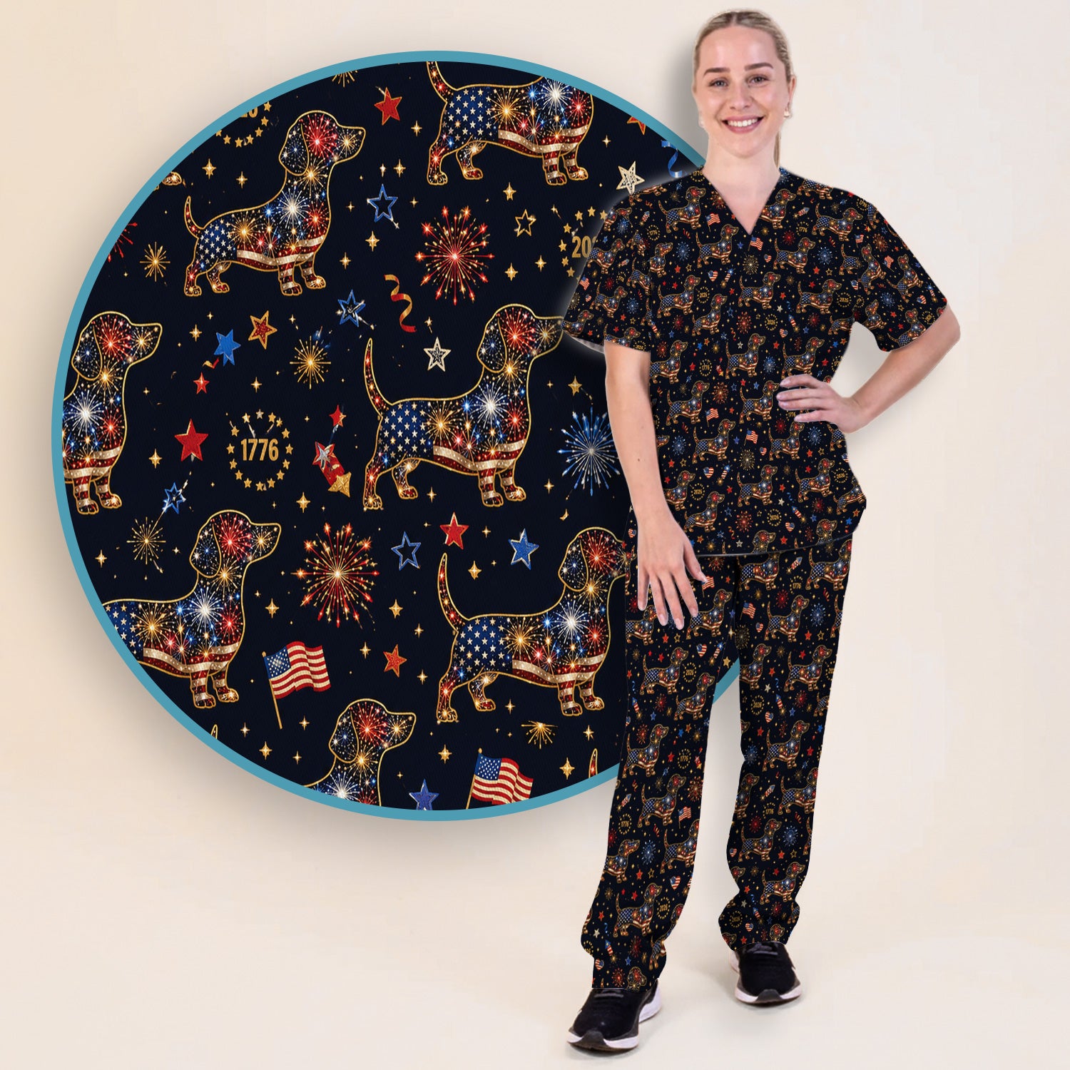 Patriotic Dachshund Fourth Of July Scrub Set, Scrub Pants and V Neck Top