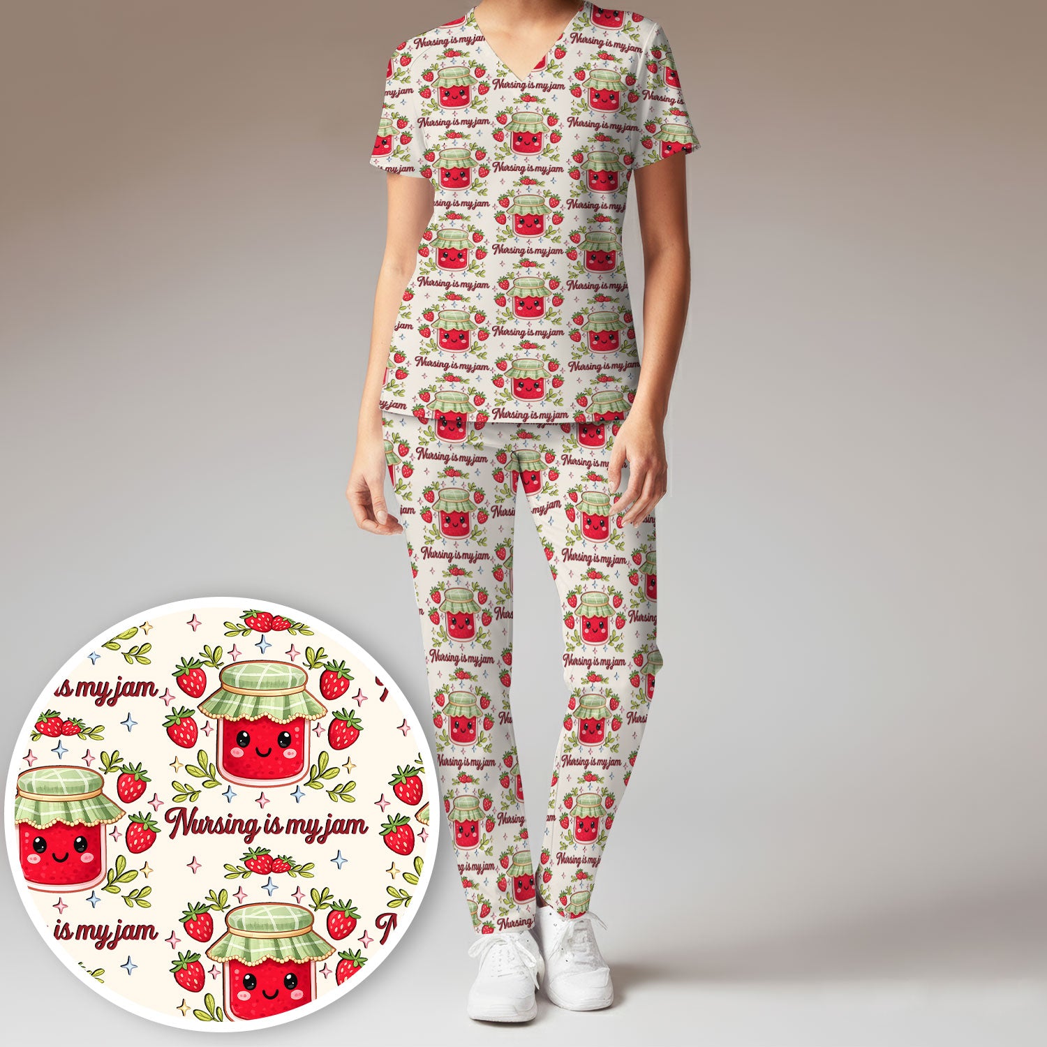 Cute Strawberry Jam Nurse Pattern Scrub Set, Breathable Med Uniform