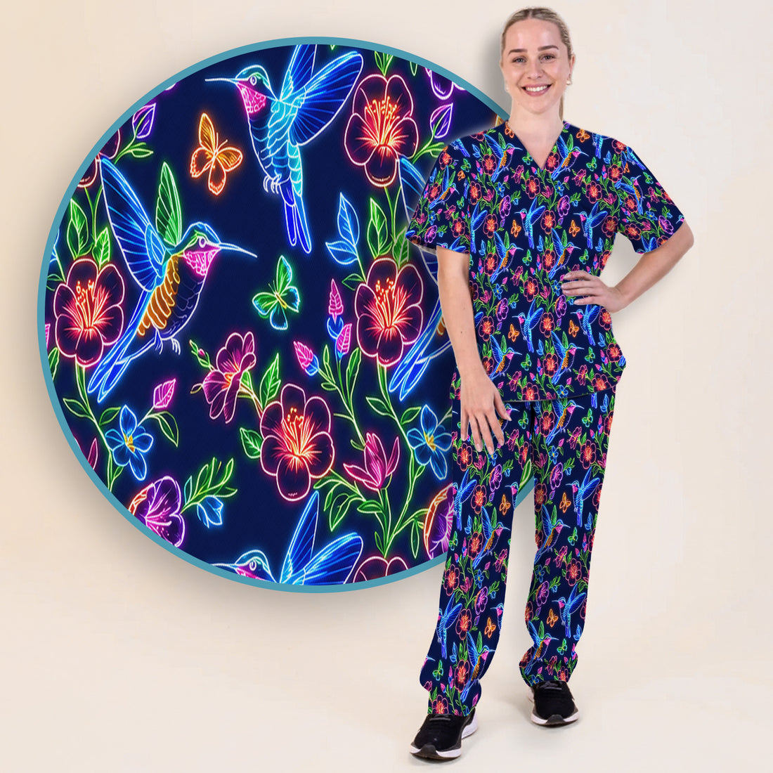 Neon Hummingbird Floral Garden Pattern Scrub Set, Scrub Pants and V Neck Top