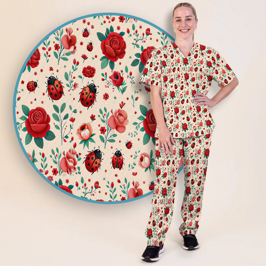 Cute Ladybug Red Rose Floral Pattern Scrub Set, Women's Scrub Sets