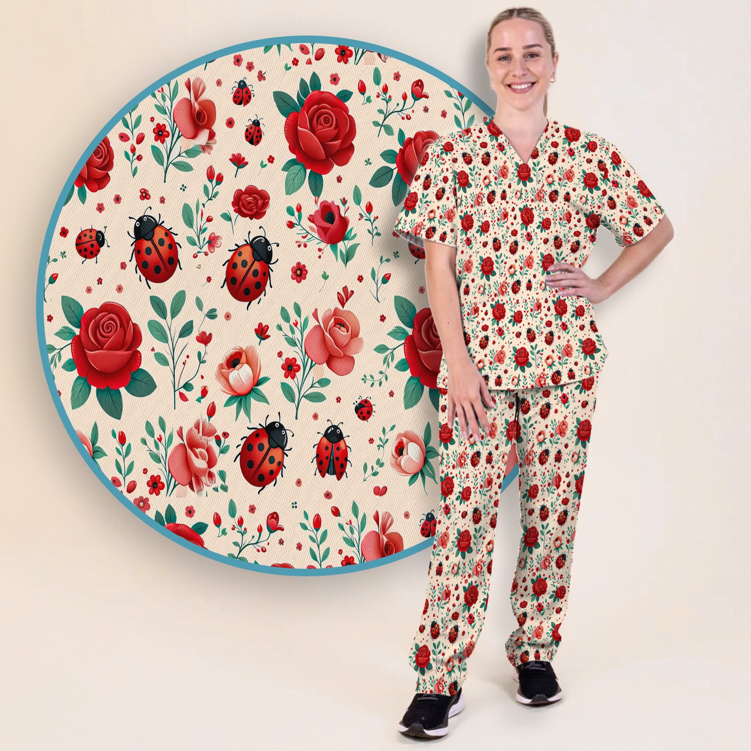 Cute Ladybug Red Rose Floral Pattern Scrub Set, Women's Scrub Sets