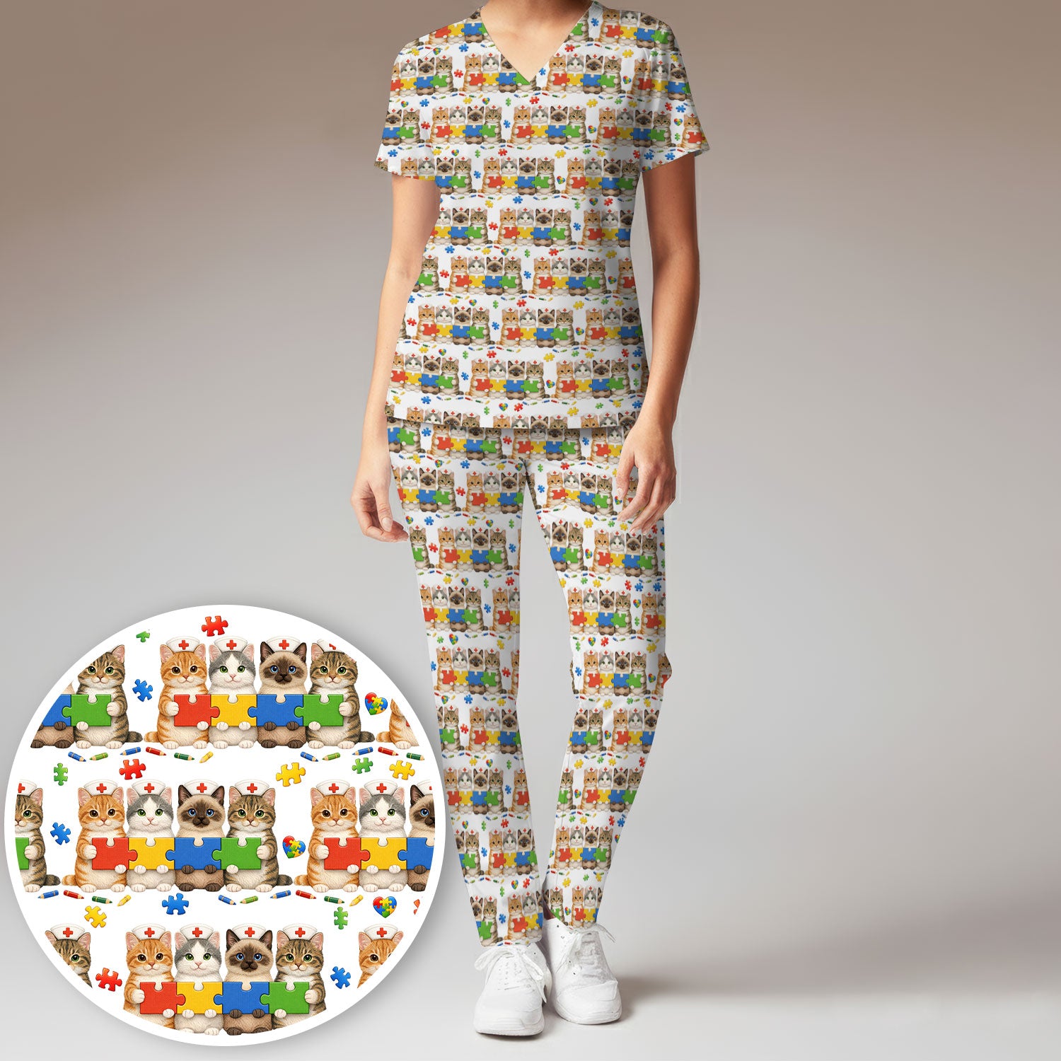 Autism Awareness Nurse Scrub Set, Cat Autism Pattern Nurses Shirt, Comfortable Uniform Scrubs For Nursing