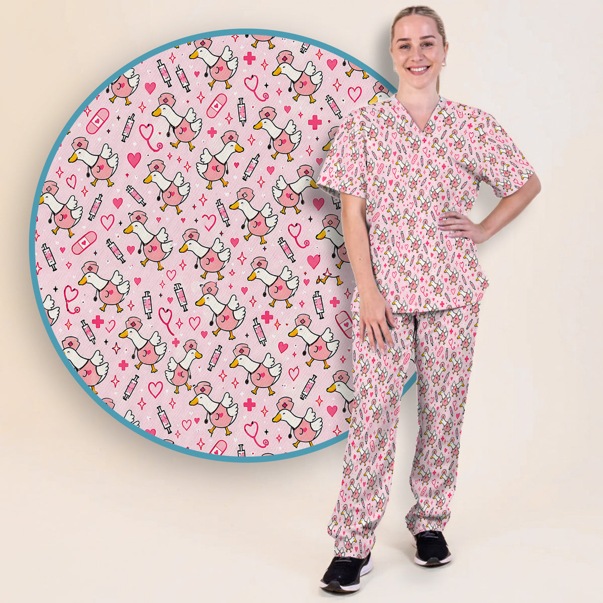 Pink Nurse Goose And Hearts Scrub Set, Scrub Pants and V Neck Top