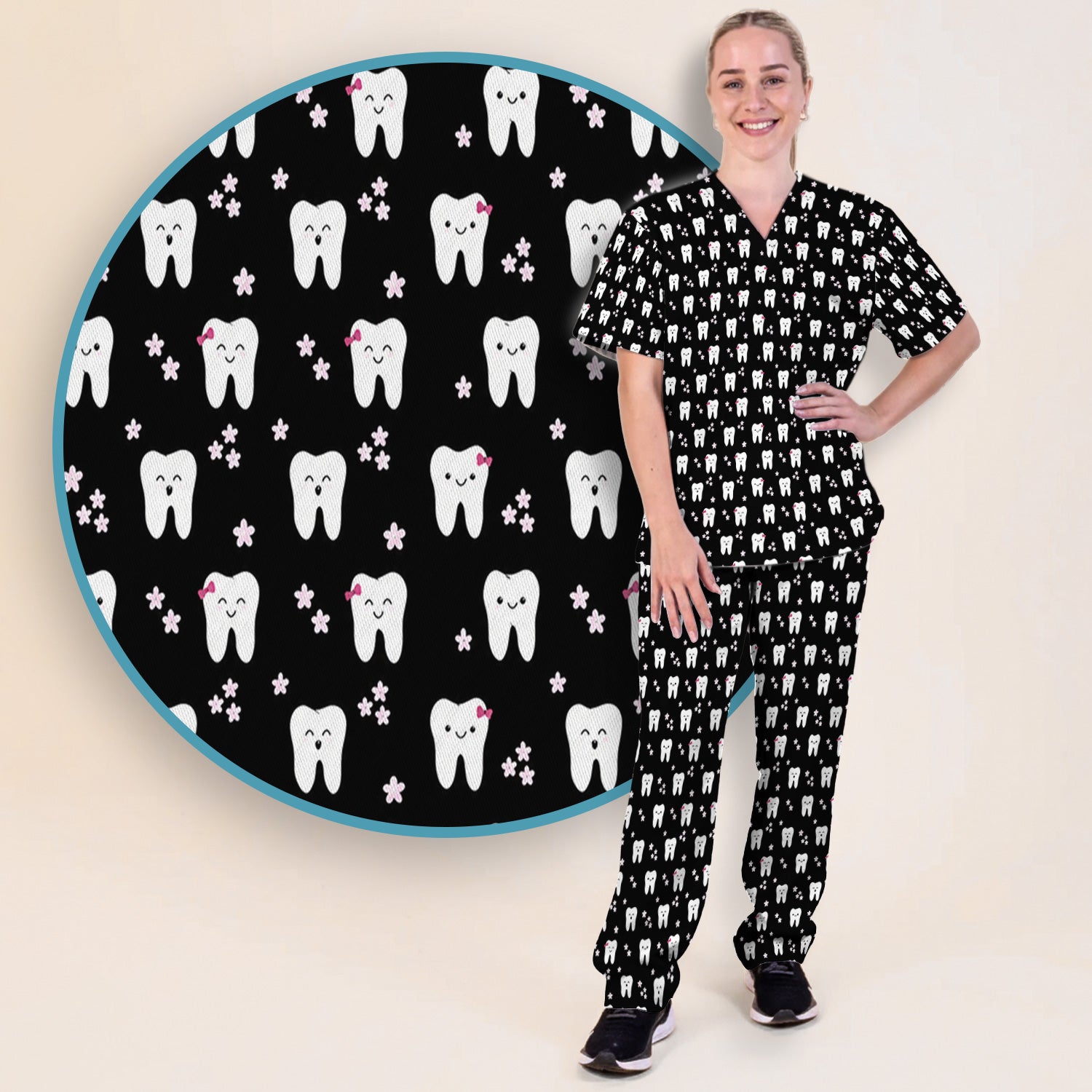 Cute Smiling Tooth And Flowers Scrub Set, Scrub Pants and V Neck Top