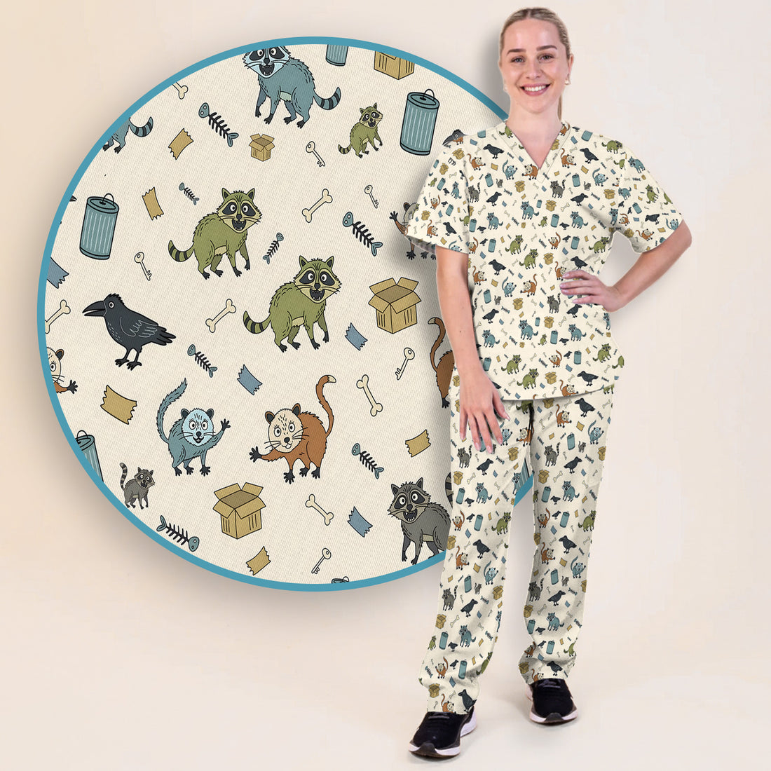 Funny Trash Raccoon Pattern Scrub Set, Scrub Pants and V Neck Top