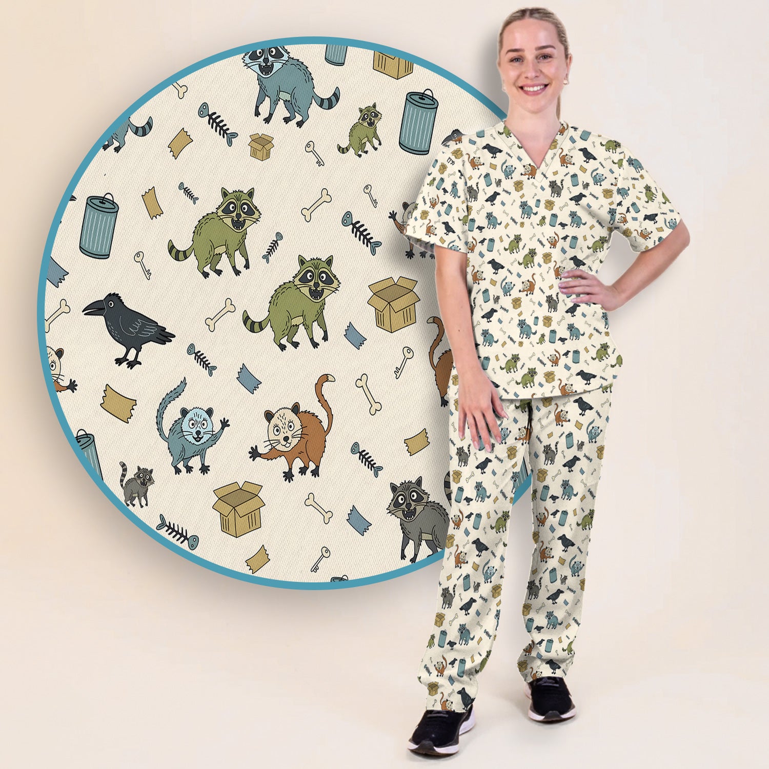 Funny Trash Raccoon Pattern Scrub Set, Scrub Pants and V Neck Top