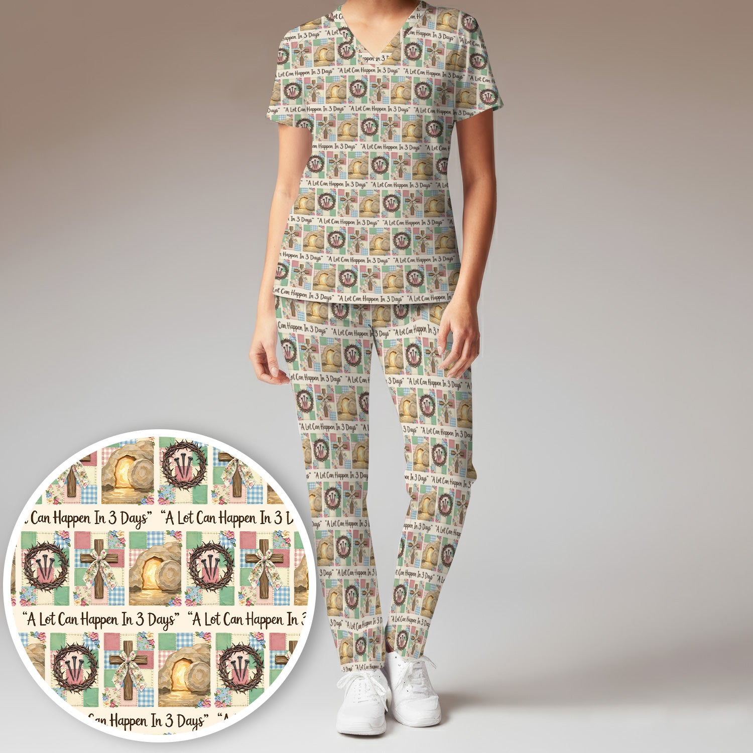 Christian Easter Cross Print Scrub Set, Scrub Pants and V Neck Top