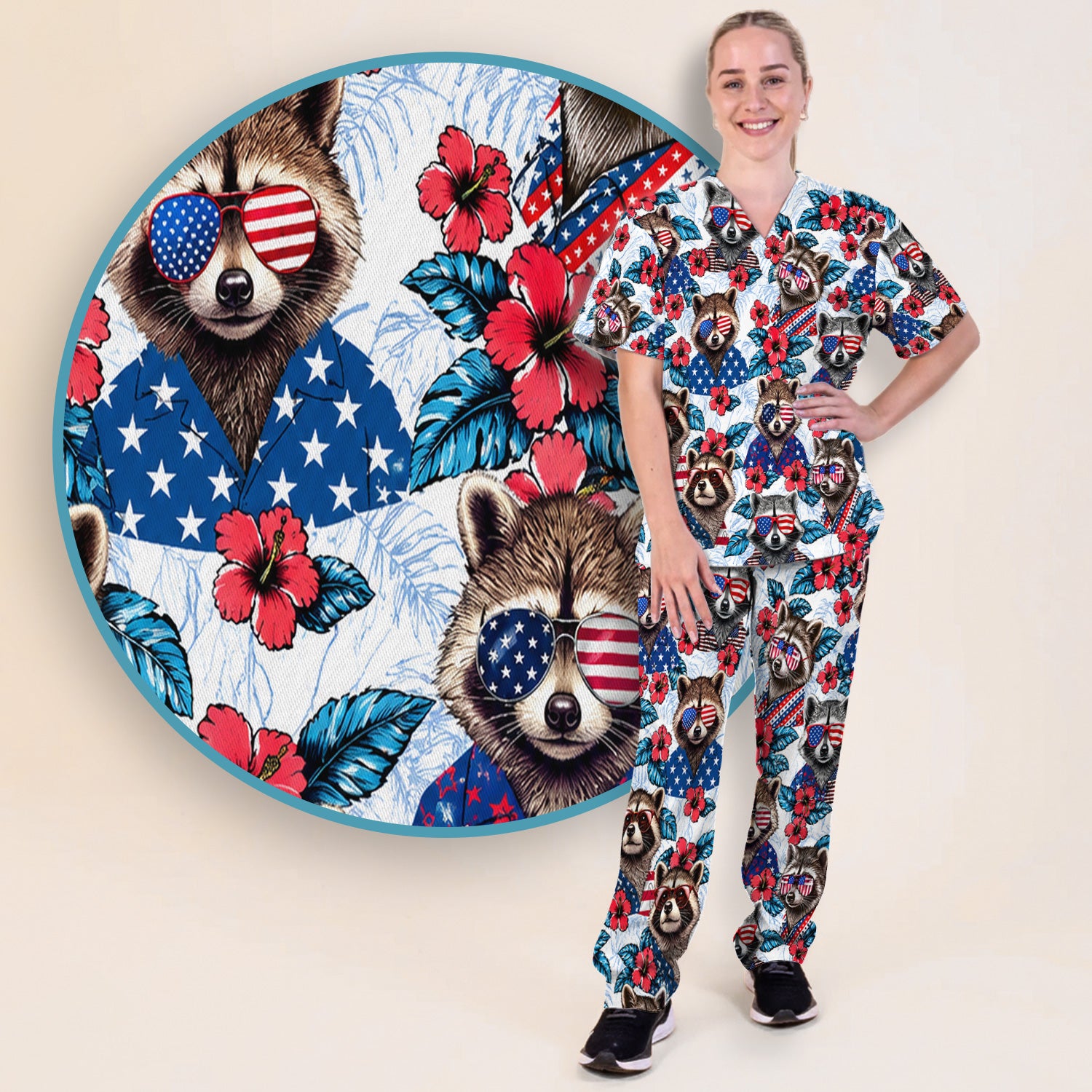 Funny Patriotic Raccoon Sunglasses Pattern Scrub Set, Scrub Pants and V Neck Top