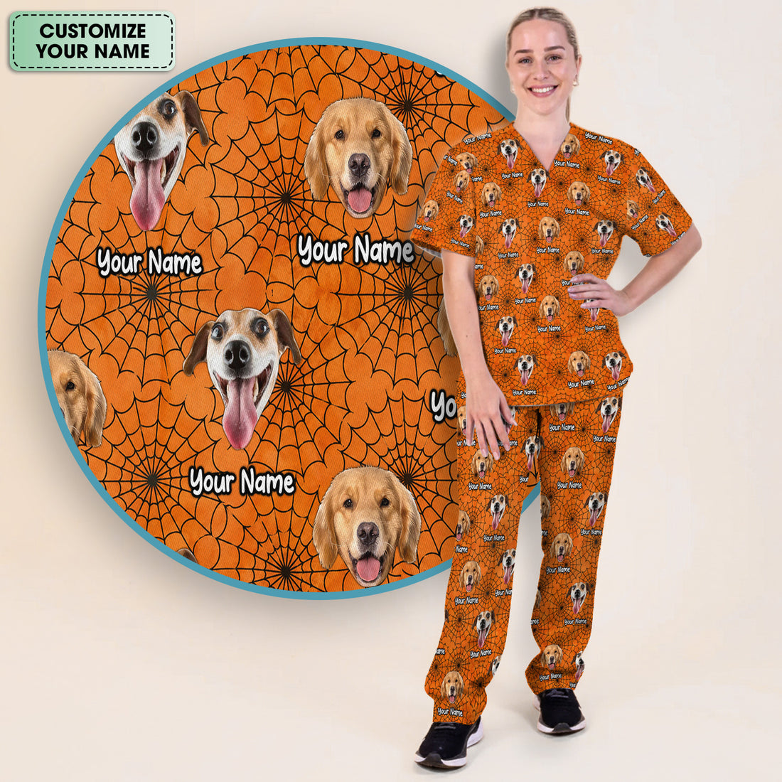 Personalized Halloween Dog Photo Spiderweb Scrub Set, Scrub Pants and V Neck Top