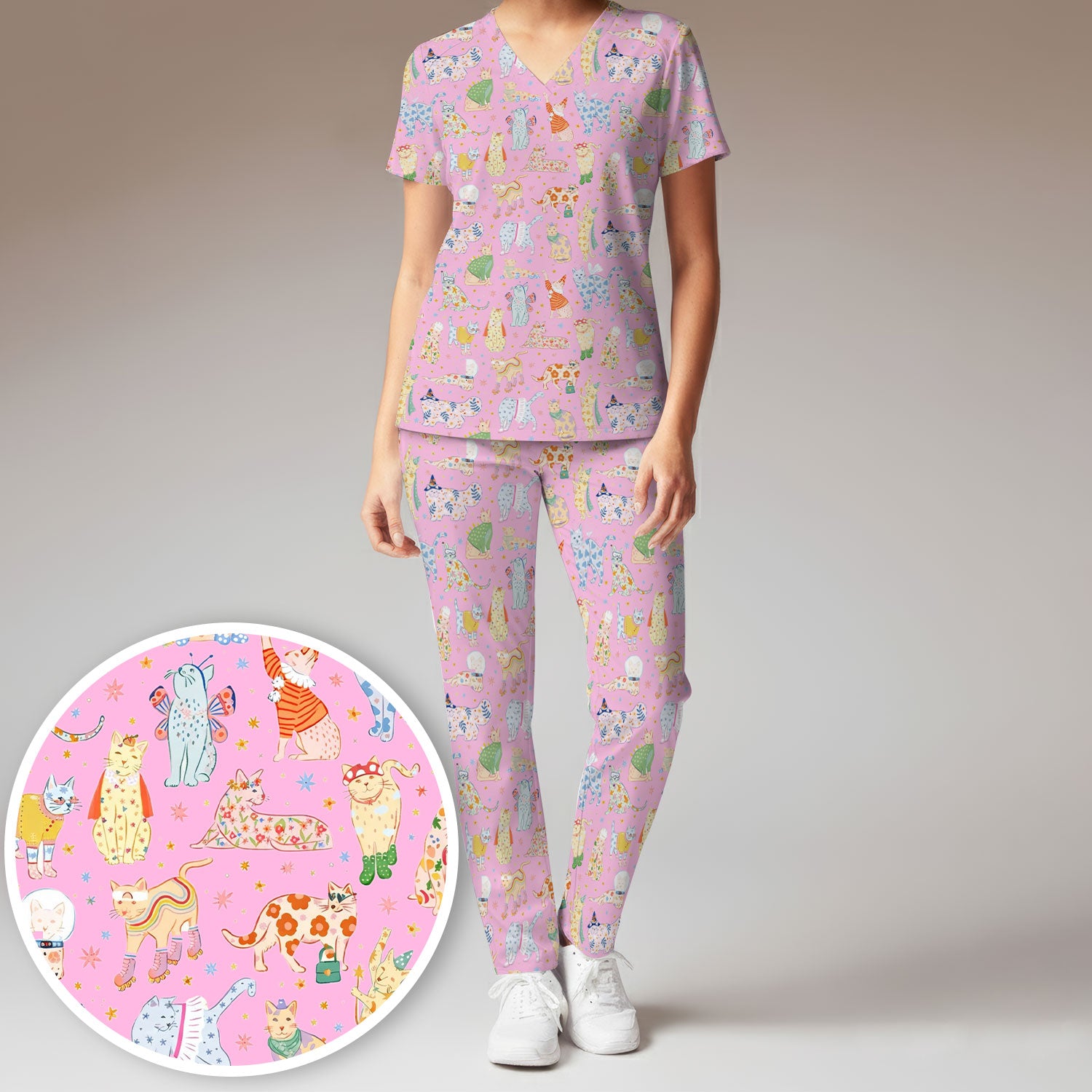Colorful Pastel Cartoon Cats Print Scrub Set, Breathable Med Uniform