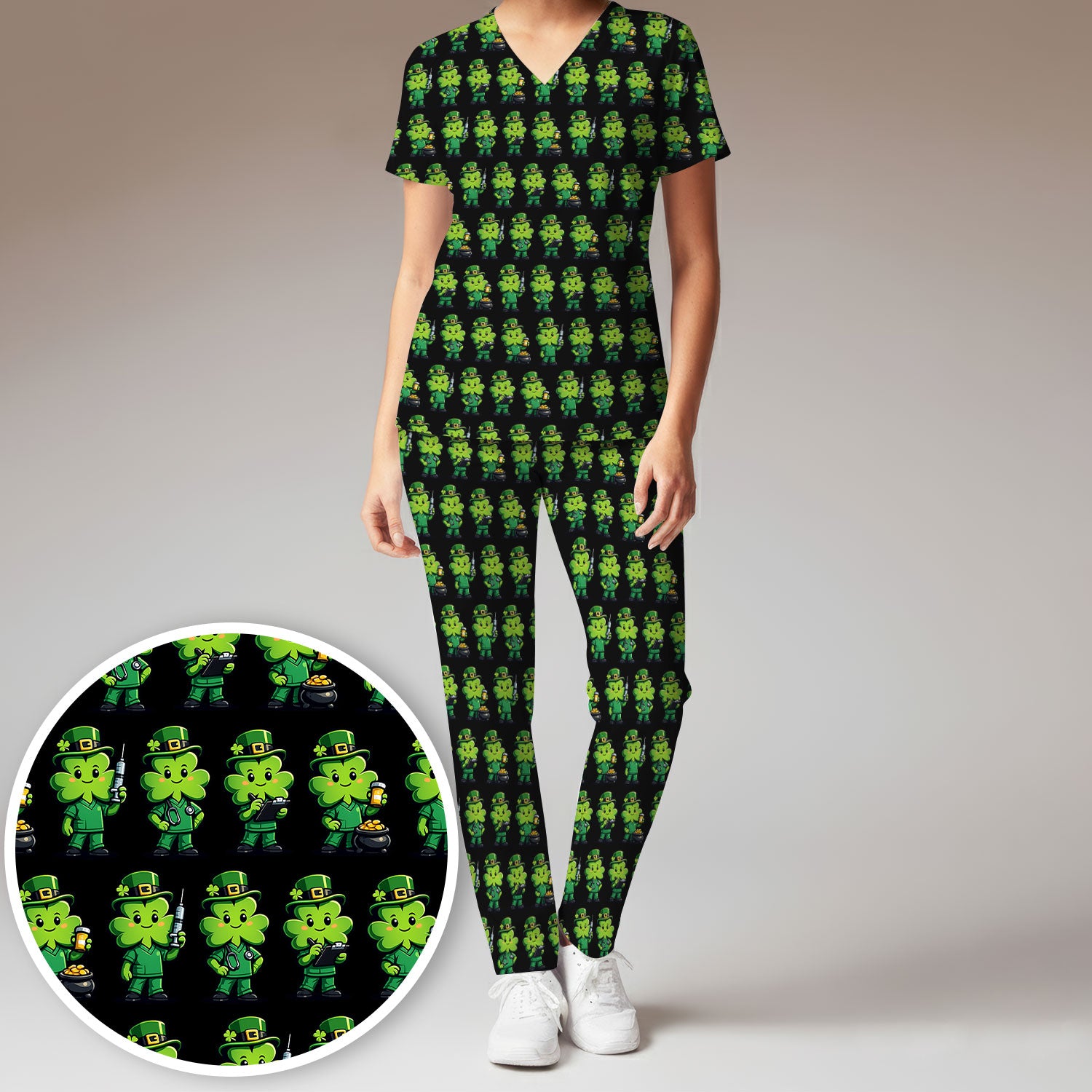 St Patrick Leprechaun Nurse Print Women's Scrub Set, Scrub Pants and V Neck Top