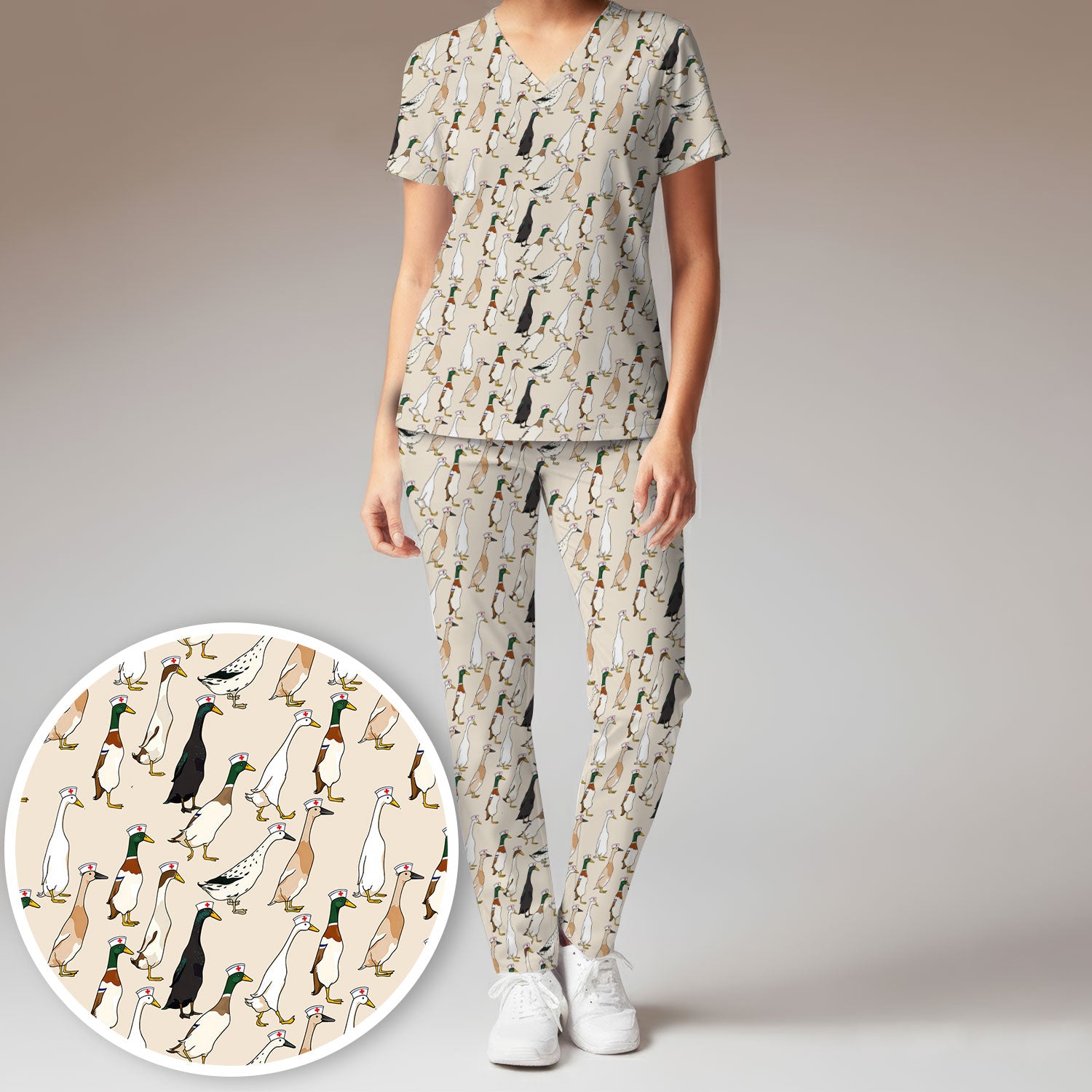 Funny Nurse Duck Pattern Scrub Set, Breathable Med Uniform