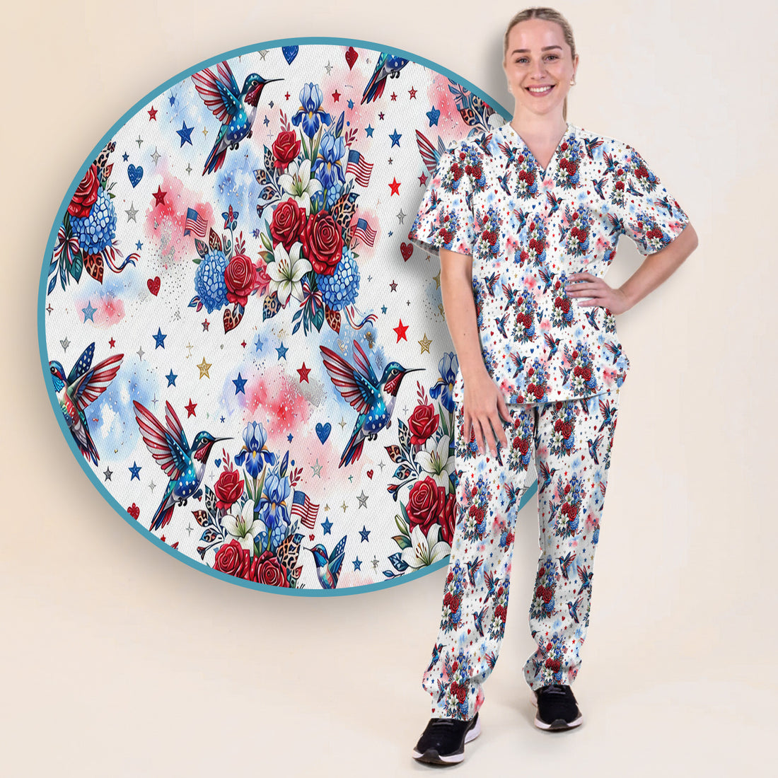 Patriotic Hummingbird Floral Bouquet Pattern Scrub Set, Scrub Pants and V Neck Top