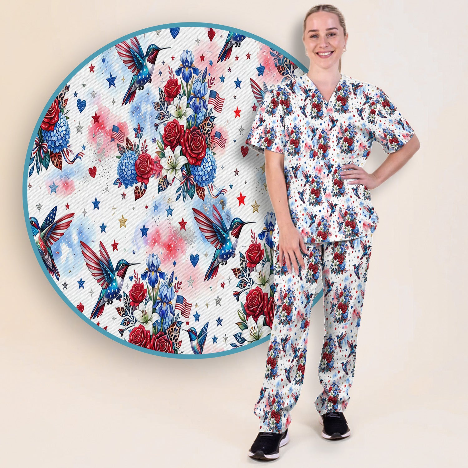 Patriotic Hummingbird Floral Bouquet Pattern Scrub Set, Scrub Pants and V Neck Top