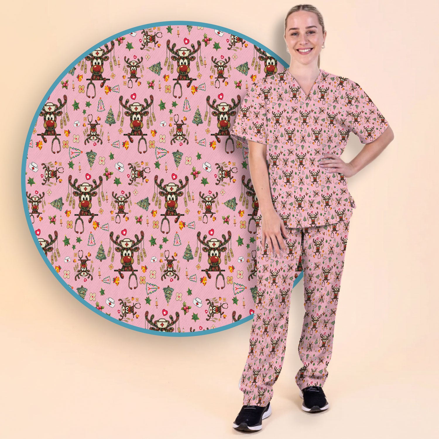 Reindeer Christmas Nurse Scrub Set - Funny Holiday Scrubs Pants and V Neck Top - Cute Medical Uniform for Women
