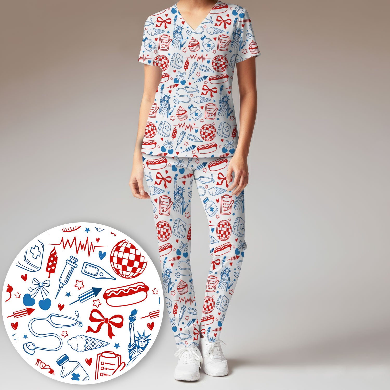 Patriotic Nurse Medical Icons Pattern Scrub Set, Scrub Pants and V Neck Top