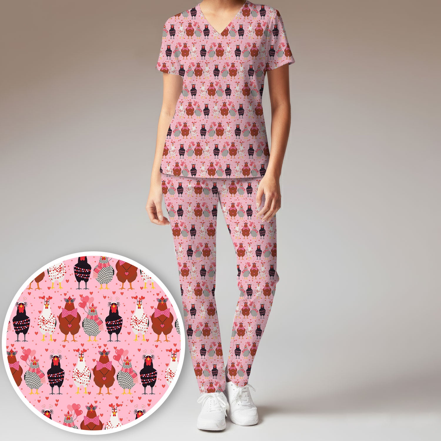 Funny Chicken Valentine Scrub Set, Chicken Pattern Scrub Shirt For Nursing, Valentine Gift For Nurse