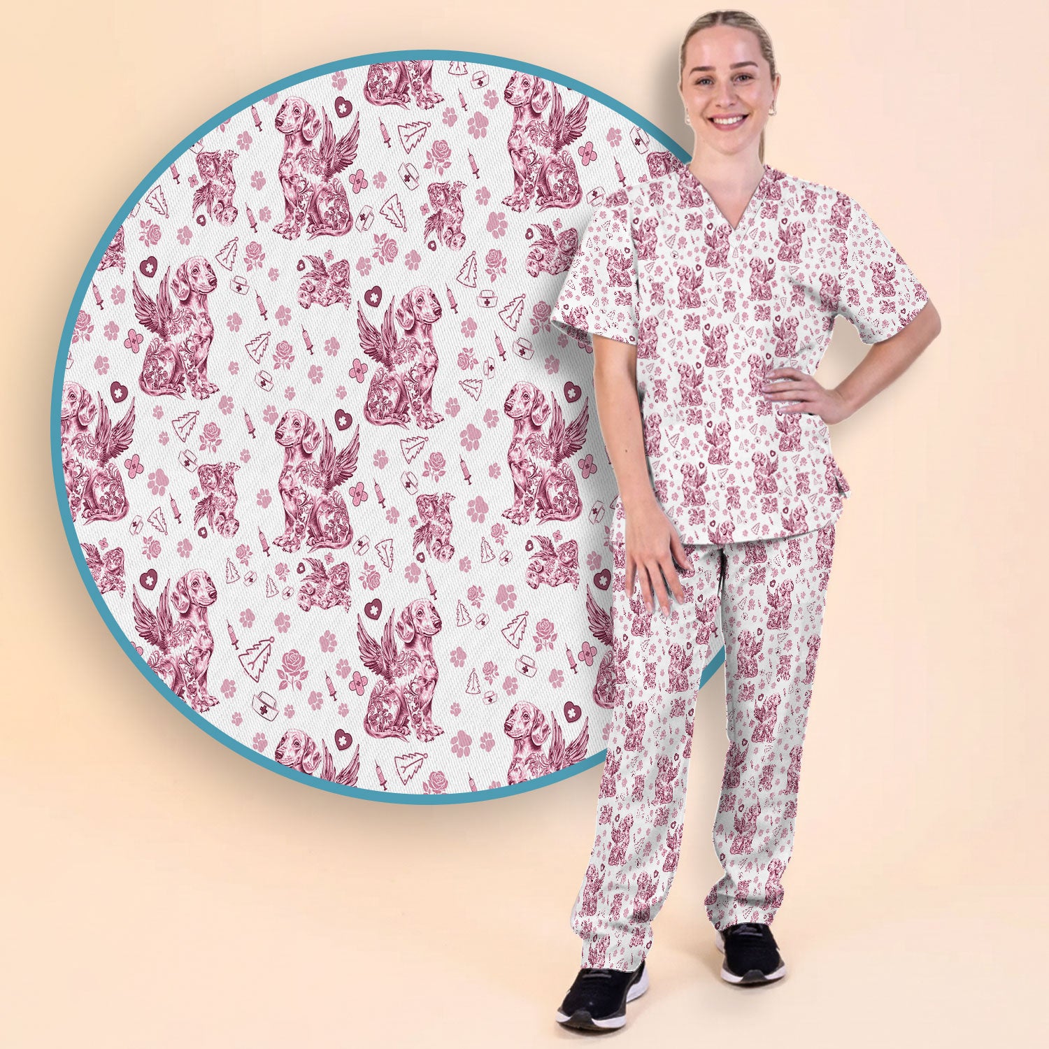 Toile de Jouy Dachshund Angel Scrub Set - Blue Vintage Wiener Dog Scrubs Pants and V Neck Top - Memorial Puppy Gift