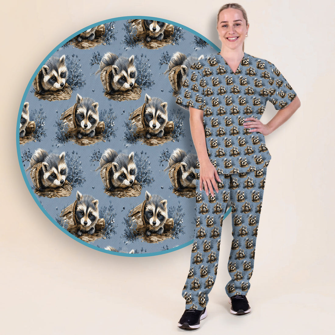 Cute Raccoon In Log Pattern Scrub Set, Scrub Pants and V Neck Top