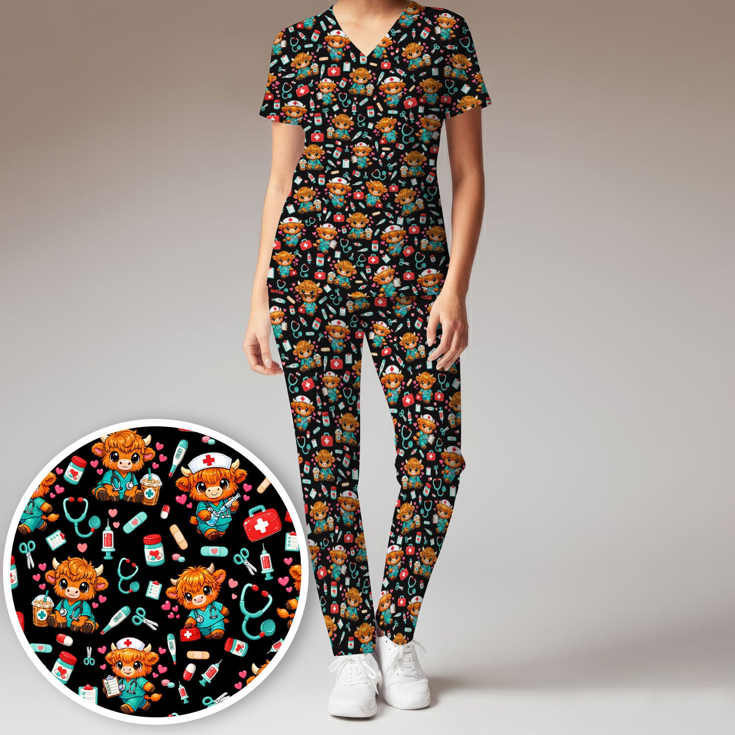 Cute Highland Cow Nurse Scrub Set, Kawaii Medical Pattern Shirt, Breathable Fabrics Nursing Uniform