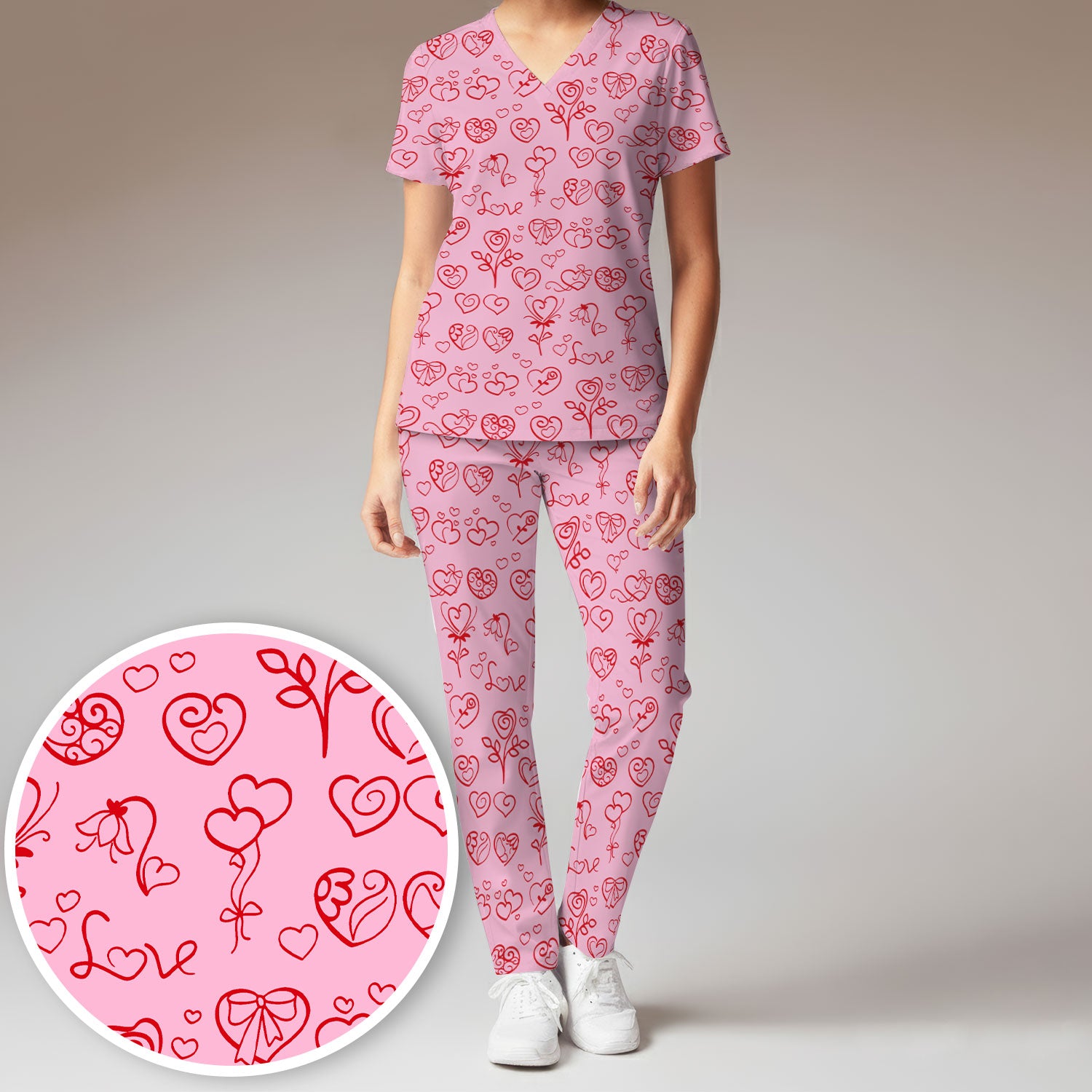 Cute Valentine Heart Scrub Set, Artistic Heart Pink Love Line Art Pattern Nurse Shirt, Comfortable Scrubs For Nursing