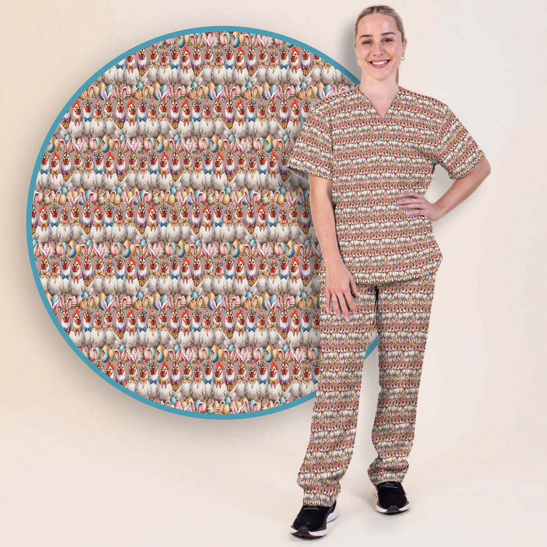 Easter Bunny Chicken Pattern Scrub Set, Scrub Pants and V Neck Top