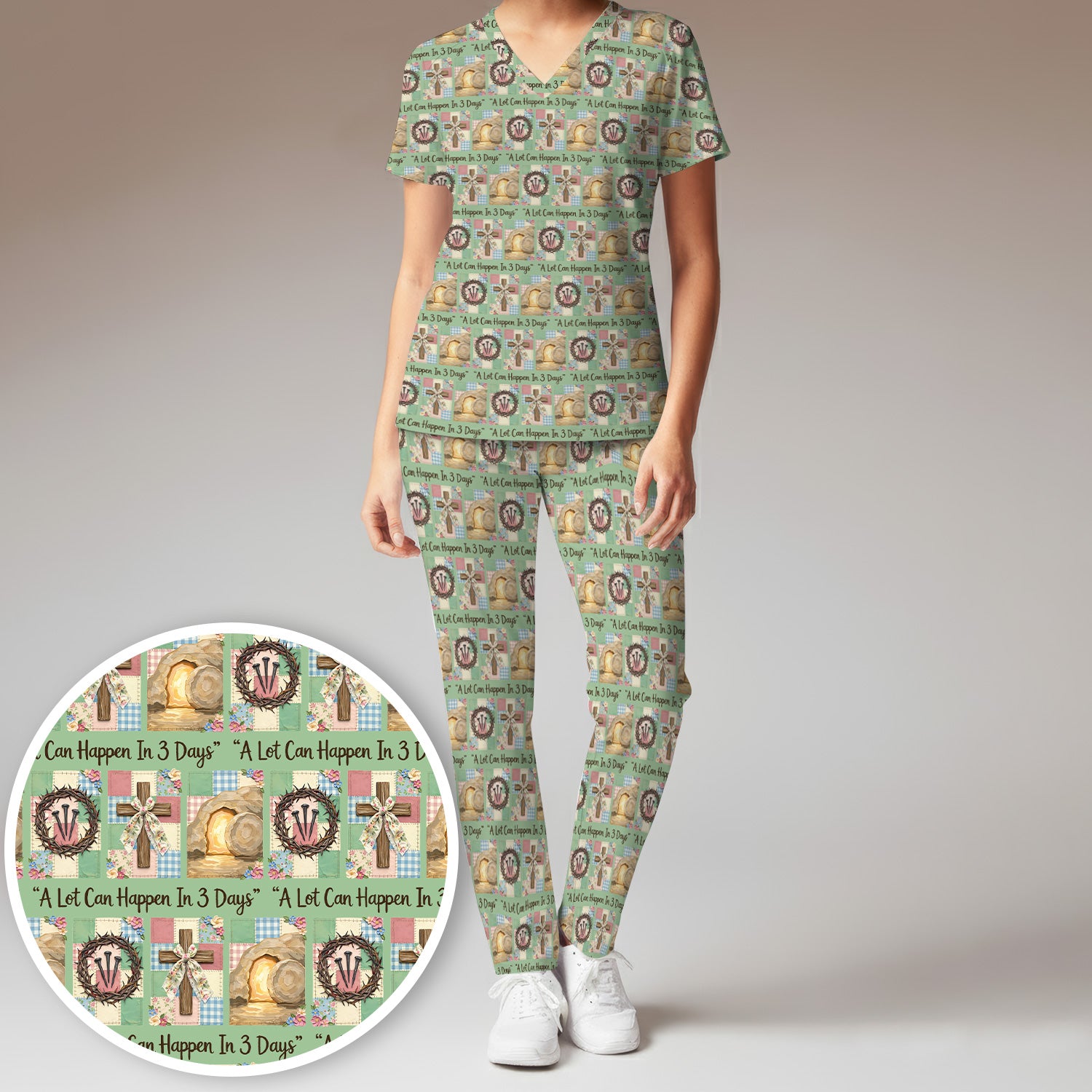Christian Easter Cross Print Scrub Set, Scrub Pants and V Neck Top