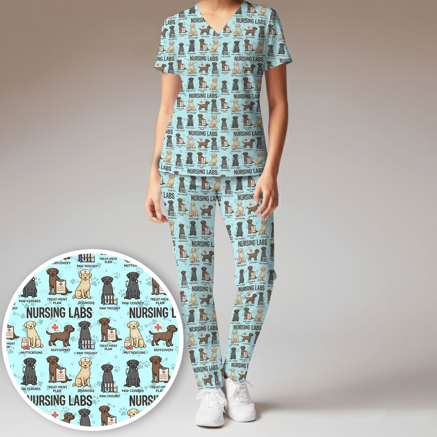 Playful Nursing Labs Dog Pattern Scrub Set, Nurse Uniform Scrubs Set